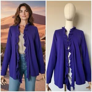 Jones New York Collection M Cashmere Cardigan Sweater Womens Purple Ruffle Trim